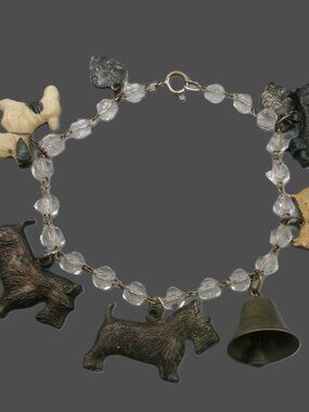 Vintage Scottie Terrier Charm Bracelet, Celluloid, Brass, Metal on Beaded Chain